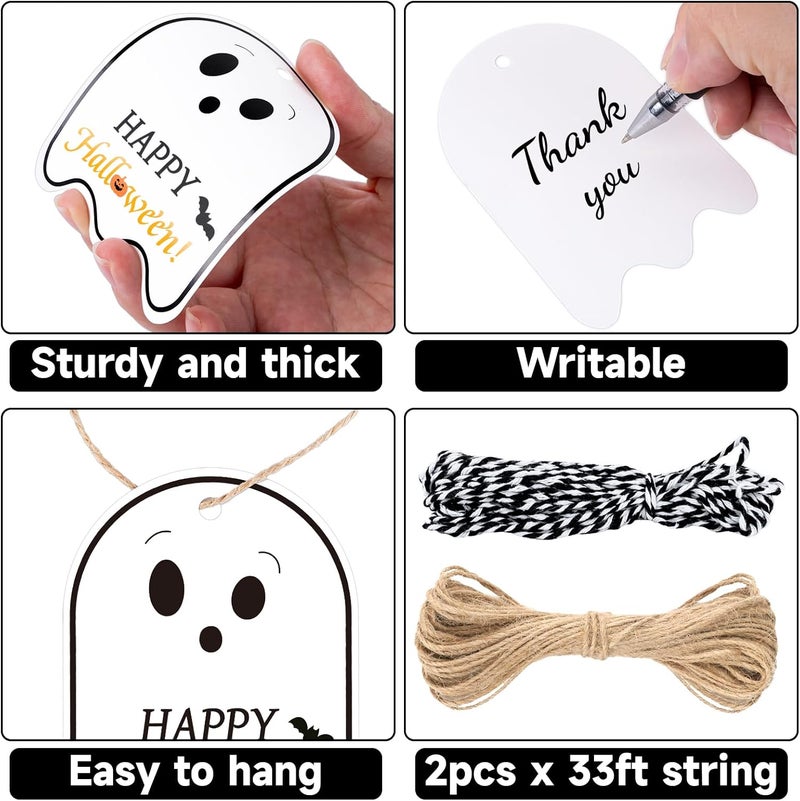 g2plus Happy Halloween Tags - 50 Pcs Ghost Paper Gift Tags with String for Trick or Treat Bags, Spooky Halloween Party Favors Tag for Candy Bags, DIY Crafts, Gift Wrapping(2.5x3.5 in) - Image 3